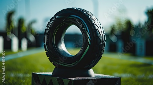 nnovative Football Trophy in the Shape of a Tire: Celebrating Unique Achievements in Sports photo