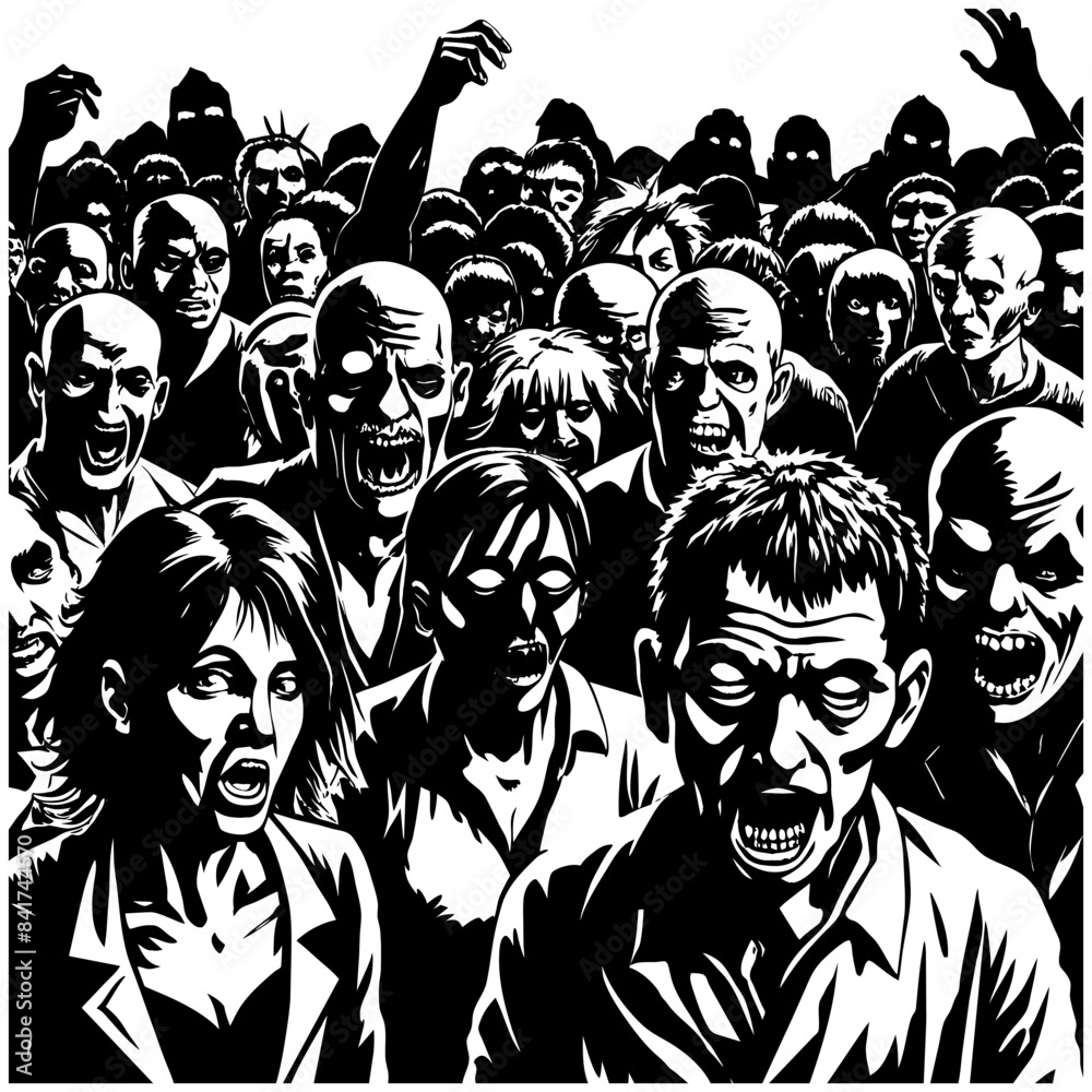 Striking black and white pattern featuring a horde of zombies for halloween themes, decorations, and horror concepts Striking black and white pattern featuring a horde of zombies for halloween themes, decorations, and horror concepts