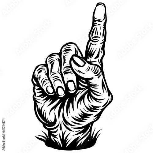 Monochrome detailed zombie hand making a pointing gesture, perfect for halloween graphics and horror designs