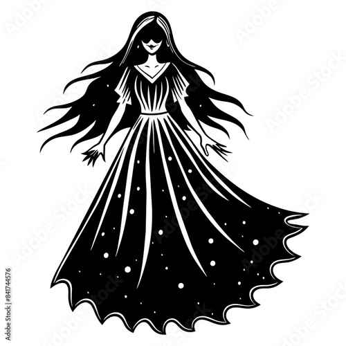 Striking black and white ghostly woman for halloween designs and supernatural creative projects