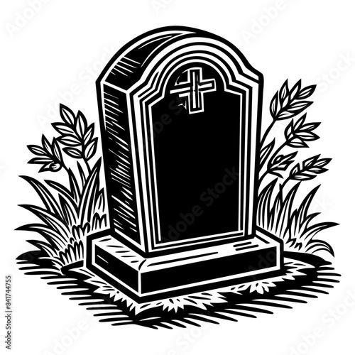 Vintage halloween tombstone in monochrome design with spooky haunting and eerie graveyard theme. Overgrown foliage. Gothic horror. Macabre engraving
