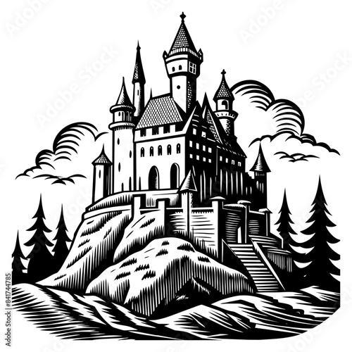 Majestic medieval castle in black and white woodcut style, featuring gothic architecture and eerie atmosphere, perfect for halloween design and fantasy tales