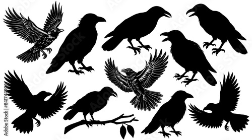 Mystical raven silhouettes collection, a spooky assortment of eerie blackbird and crow silhouette set for halloween graphic design and illustrations