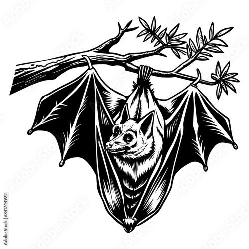 Detailed black and white halloween vampire bat with eerie engraving style. Hanging from a branch in moonlight