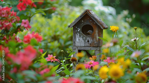 DIY birdhouse in a blooming garden