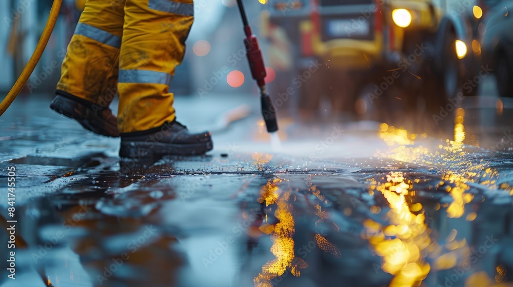 Cleaning the Streets with Power Washer at Night Cleaning the Streets with Power Washer at Night