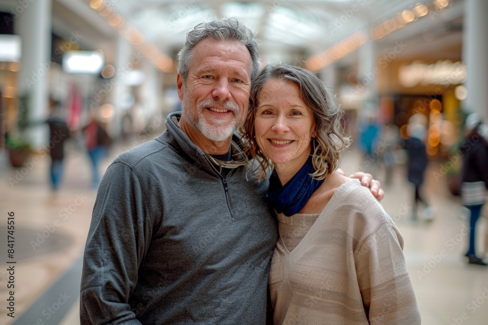 Portrait of a cheerful caucasian couple in their 40s showing off a thermal merino wool top on bustling shopping mall