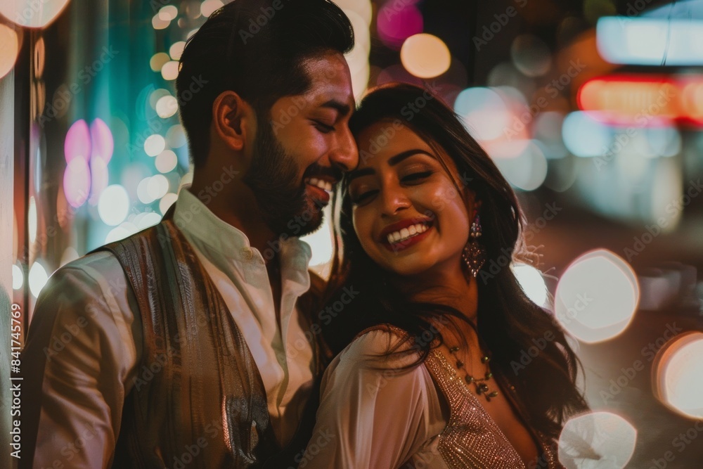 Portrait of a grinning indian couple in their 20s dressed in a polished vest isolated in glittering city nightlife