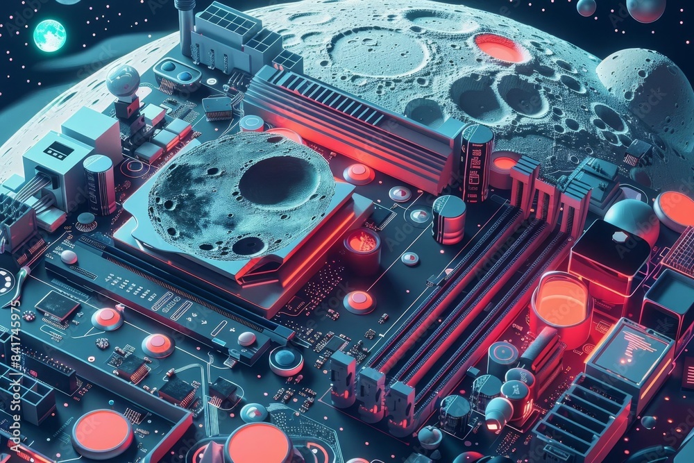 Graphic of Illustration of technological icons and trends of on a lunarthemed electronic mainboard Graphic of Illustration of technological icons and trends of on a lunarthemed electronic mainboard