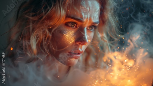 Woman With Blonde Hair Looking at Sparks and Smoke