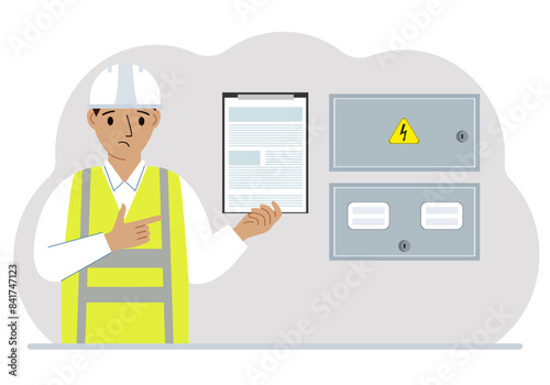A male electrical engineer holds a clipboard with a contract and stands next to an electrical cabinet. The concept of a contract for service, connection of electricity or hiring a specialist. Vector f