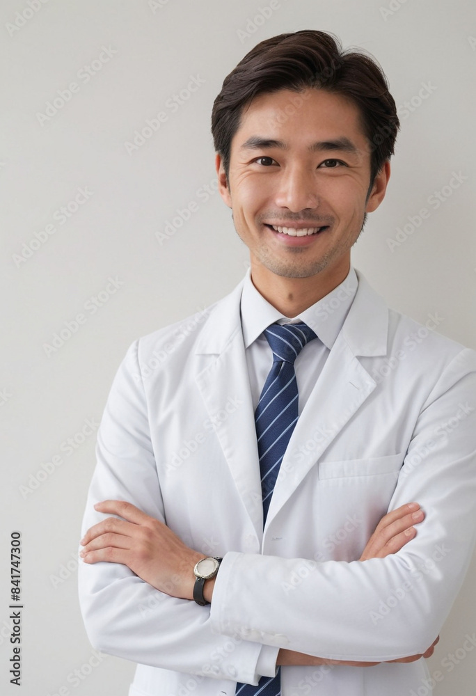 A Japanese male pharmacist, in his early thirties, wearing a tie and a white coat, with no facial hair, embodies simplicity and cleanliness, giving a gentle impression. A Japanese male pharmacist, in his early thirties, wearing a tie and a white coat, with no facial hair, embodies simplicity and cleanliness, giving a gentle impression.