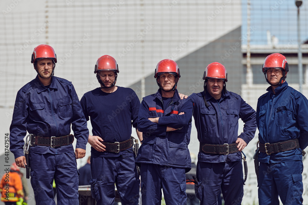 A team of confident and accomplished firefighters strides purposefully in their uniforms, exuding pride and satisfaction after successfully completing a challenging firefighting mission A team of confident and accomplished firefighters strides purposefully in their uniforms, exuding pride and satisfaction after successfully completing a challenging firefighting mission