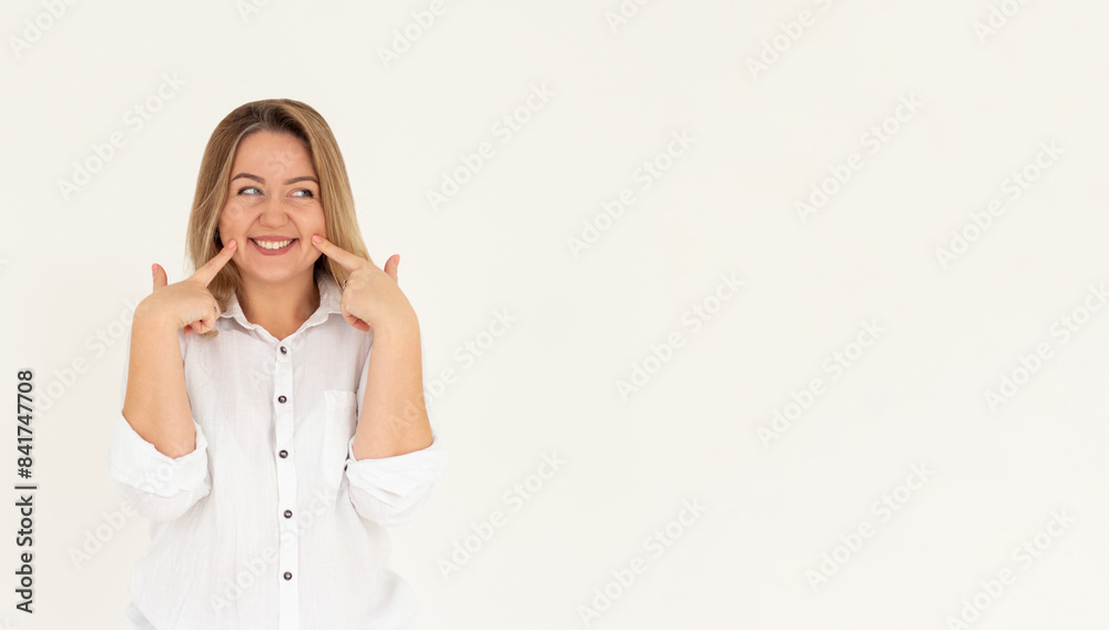 Portrait of beautiful woman happiness standing finger touch cheek on white background, businesswoman is a smiling on concrete, business people concept. Portrait of beautiful woman happiness standing finger touch cheek on white background, businesswoman is a smiling on concrete, business people concept.