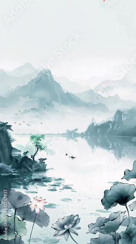 Summer Chinese style lotus landscape painting
