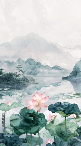 Summer Chinese style lotus landscape painting
