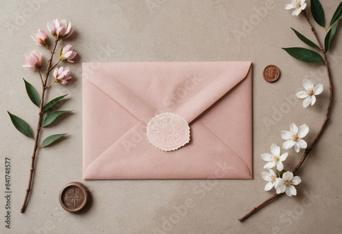 dusty pink vintage envelope with wax stamp , in vintage with dusty pink details, realistic white almond tree flowers, in abandoned floor background, beige and white colour