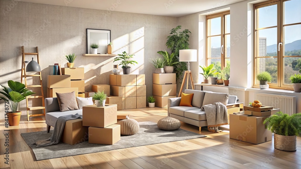 Cozy new apartment interior with cardboard boxes, interior design materials, tile samples, and decoration supplies scattered around a lively, sunny space. Cozy new apartment interior with cardboard boxes, interior design materials, tile samples, and decoration supplies scattered around a lively, sunny space.