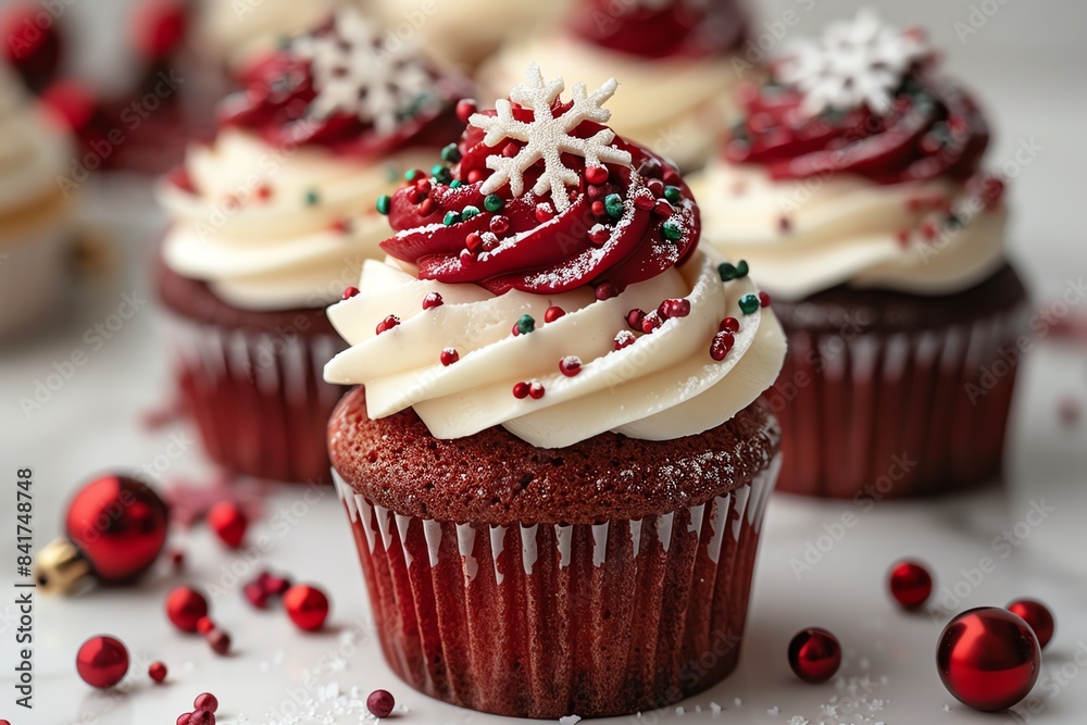 Super detailed photo of a vibrant red and green Christmas cupcake with snowflake sprinkles, closeup, on a solid white background, Canon EOS 5D Mark IV Super detailed photo of a vibrant red and green Christmas cupcake with snowflake sprinkles, closeup, on a solid white background, Canon EOS 5D Mark IV
