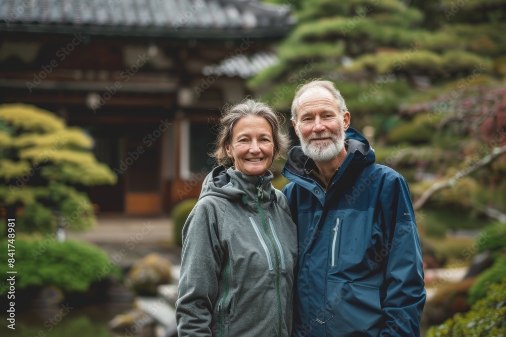 Portrait of a content couple in their 40s wearing a functional windbreaker on backdrop of a traditional japanese garden Portrait of a content couple in their 40s wearing a functional windbreaker on backdrop of a traditional japanese garden