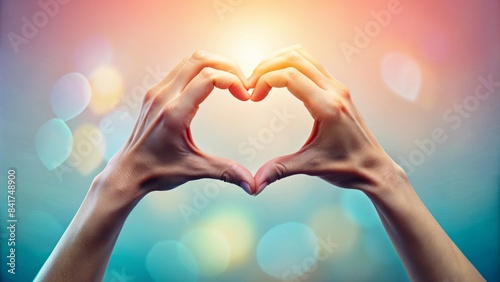 Heart shaped hand gesture formed by intertwined fingers symbolizing love, gratitude, and unity, set against a soft, pastel-colored background. photo