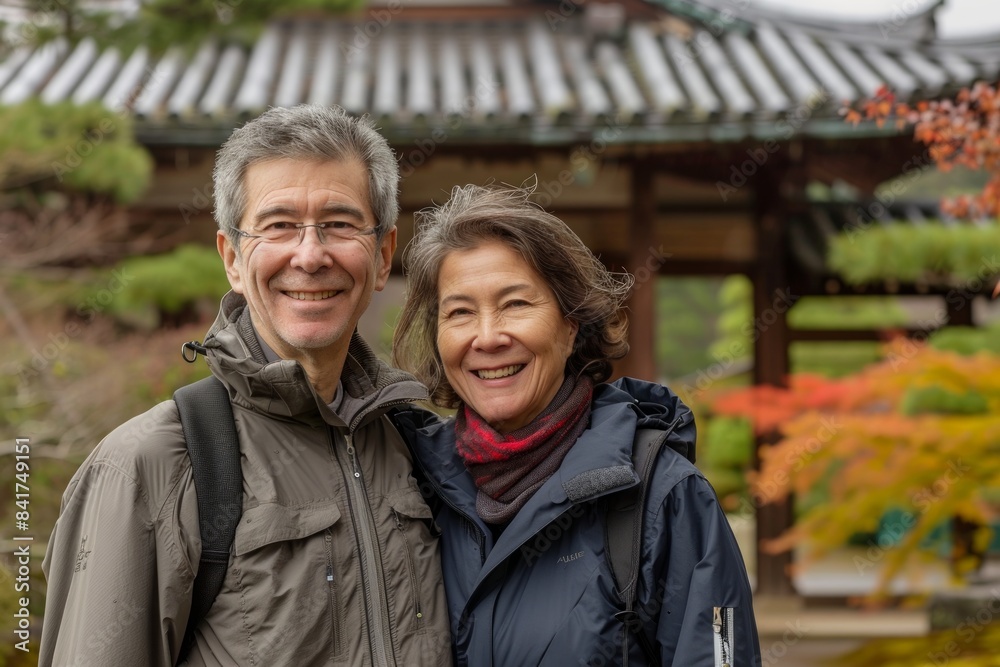 Portrait of a content couple in their 40s wearing a functional windbreaker isolated in backdrop of a traditional japanese garden Portrait of a content couple in their 40s wearing a functional windbreaker isolated in backdrop of a traditional japanese garden