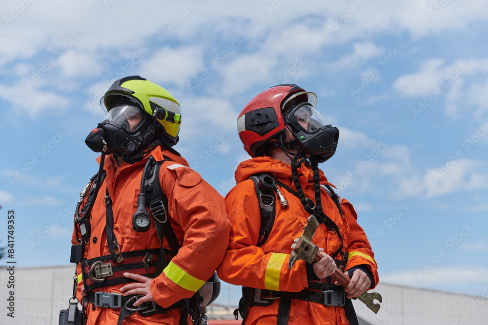 Naklejka premium Firefighter Team Training with Various Tools in Professional Gear