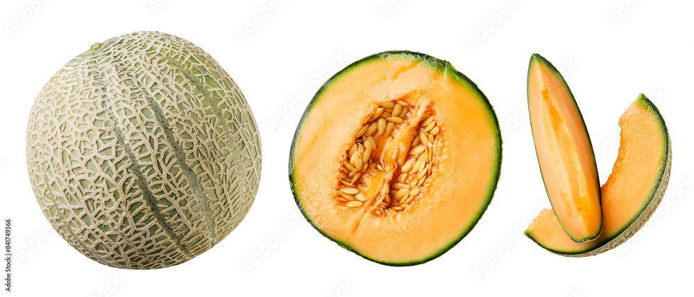 Set of melon, half and pieces on white background. Top view