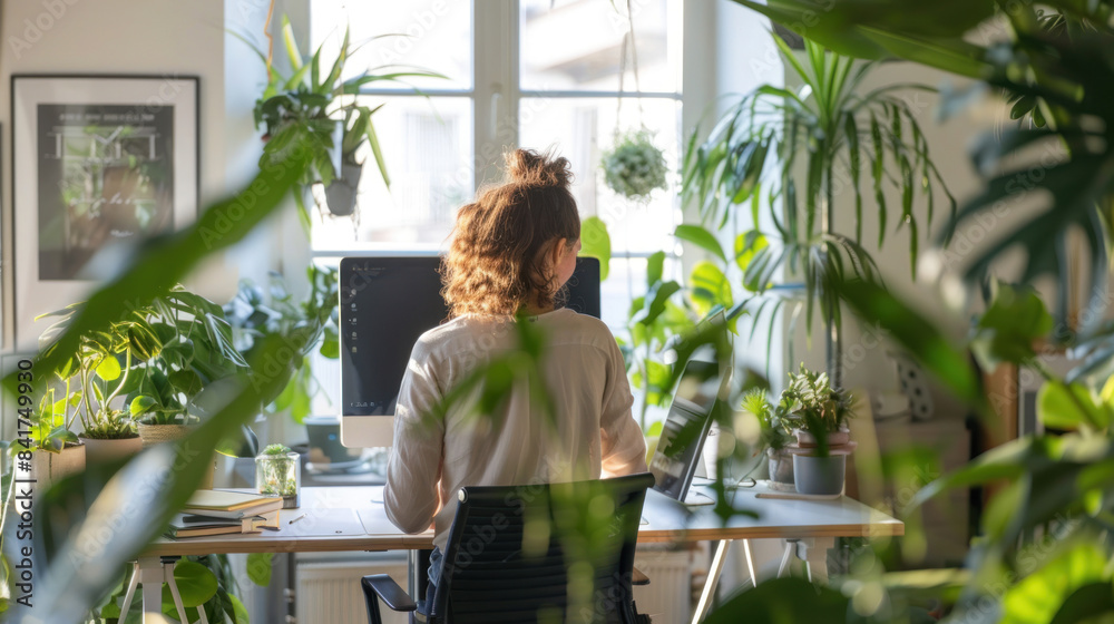 Employee using a standing desk in a bright, plant-filled office Employee using a standing desk in a bright, plant-filled office