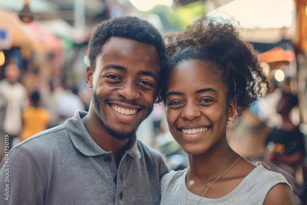 Portrait of a smiling afro-american couple in their 20s donning a classy polo shirt in front of bustling urban market Portrait of a smiling afro-american couple in their 20s donning a classy polo shirt in front of bustling urban market