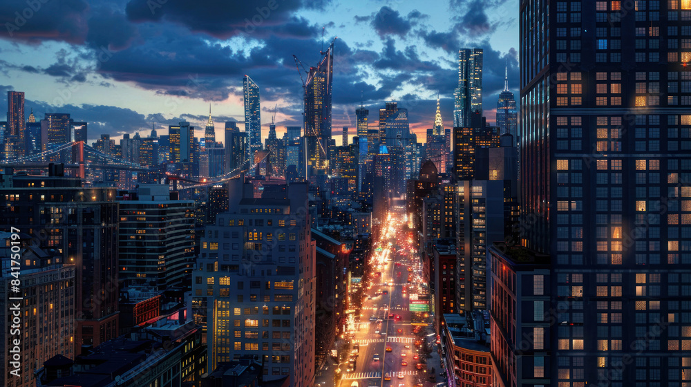 Fototapeta premium Evening skyline with city lights and bustling streets