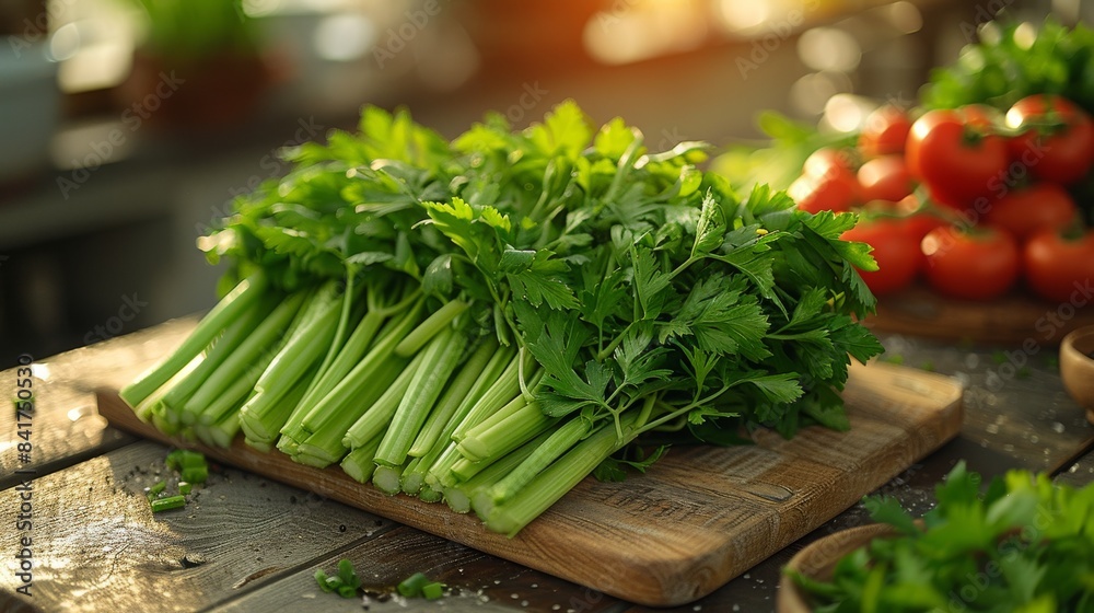 Fresh Green Celery on Wooden Board with Double Exposure Silhouette - Natural Kitchen Preparation