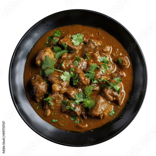 Traditional Rogan Josh on Black Plate - Top View, Transparent Background photo