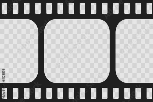 Old cinematic frame, video film strip. Retro vintage tape empty template with slide. Tape border, grunge textured silhuette. Video photo reel on transparent background 