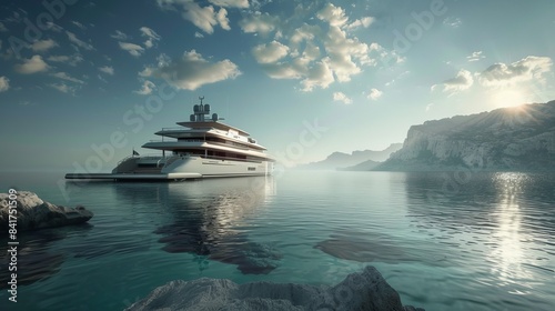 a white luxury yacht on the shore of a stony coral reef , clear water and underwater reflections and fog and mountains in far background . photo
