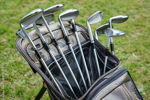 Set of golf clubs in a bag, sports equipment photo