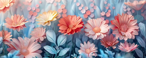 Close-up of delicate pastel flowers with soft blue leaves, creating a dreamy floral background.
