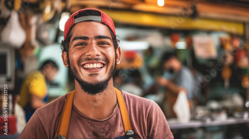 A man with a red hat and beard is smiling and posing for a picture. He is wearing a red shirt and an apron. tired minimum wage worker, very happy smile, tired eye