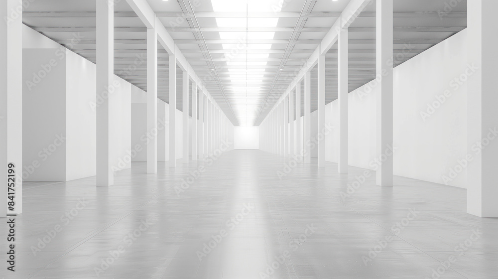 An empty big white clean warehouse. Background image. Created with Generative AI technology. An empty big white clean warehouse. Background image. Created with Generative AI technology.