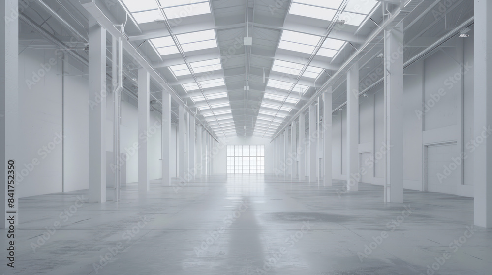An empty big white clean warehouse. Background image. Created with Generative AI technology. An empty big white clean warehouse. Background image. Created with Generative AI technology.