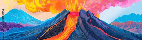 The volcano is erupting with bright orange lava against a backdrop of blue and purple mountains. photo