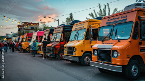 Food trucks lined up at a popular urban event