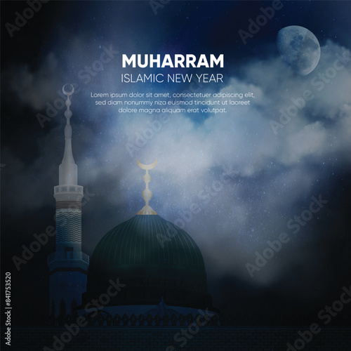 Muharram or Islamic New Year design depicting the illuminated green dome and minaret of the Prophet's Mosque at night. It is a historic mosque built by prophet Muhammad, situated in the city of Medina