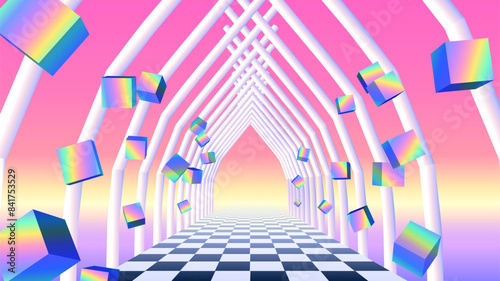Vaporwave corridor of pillars with flying 3D cube shapes in 00s style. Abstract surreal retro background for party poster, or music cover