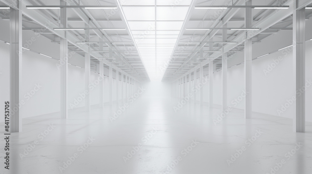 An empty big white clean warehouse. Background image. Created with Generative AI technology. An empty big white clean warehouse. Background image. Created with Generative AI technology.
