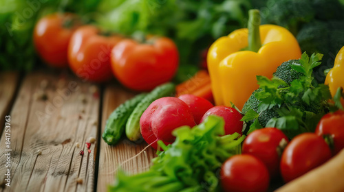 Fresh vegetable salad with colorful ingredients on a wooden table