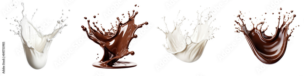 Collection of chocolates, oil splashes isolated on transparent or white background Collection of chocolates, oil splashes isolated on transparent or white background