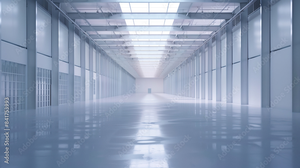 An empty big white clean warehouse. Background image. Created with Generative AI technology. An empty big white clean warehouse. Background image. Created with Generative AI technology.