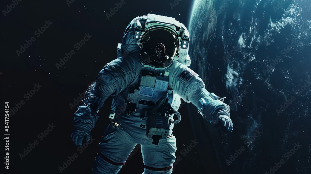 Floating in space, an astronaut is accompanied by the backdrop of Earth and the Moon. Floating in space, an astronaut is accompanied by the backdrop of Earth and the Moon.
