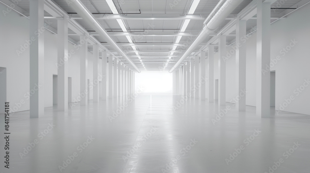 An empty big white clean warehouse. Background image. Created with Generative AI technology.